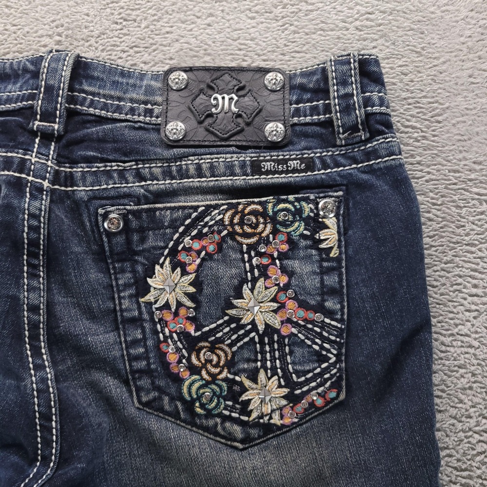 Miss Me Jeans Womens 31 Blue JP7500S Signature Skinny Floral Peace Rhinestone